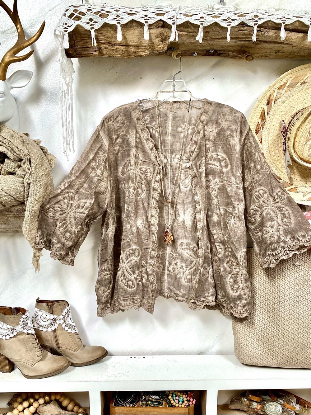 Rustic watercolour embroidered boho cover up w butterflies vacay beach vibe